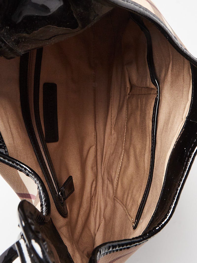 Burberry Black Patent Leather Nova Check Coated Canvas Brook Hobo