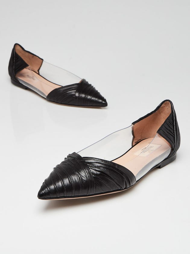 Valentino Black Pleated Leather and PVC Pointed Toe Flats Size 6.5/37