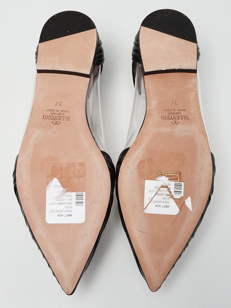 Valentino Black Pleated Leather and PVC Pointed Toe Flats Size 6.5/37