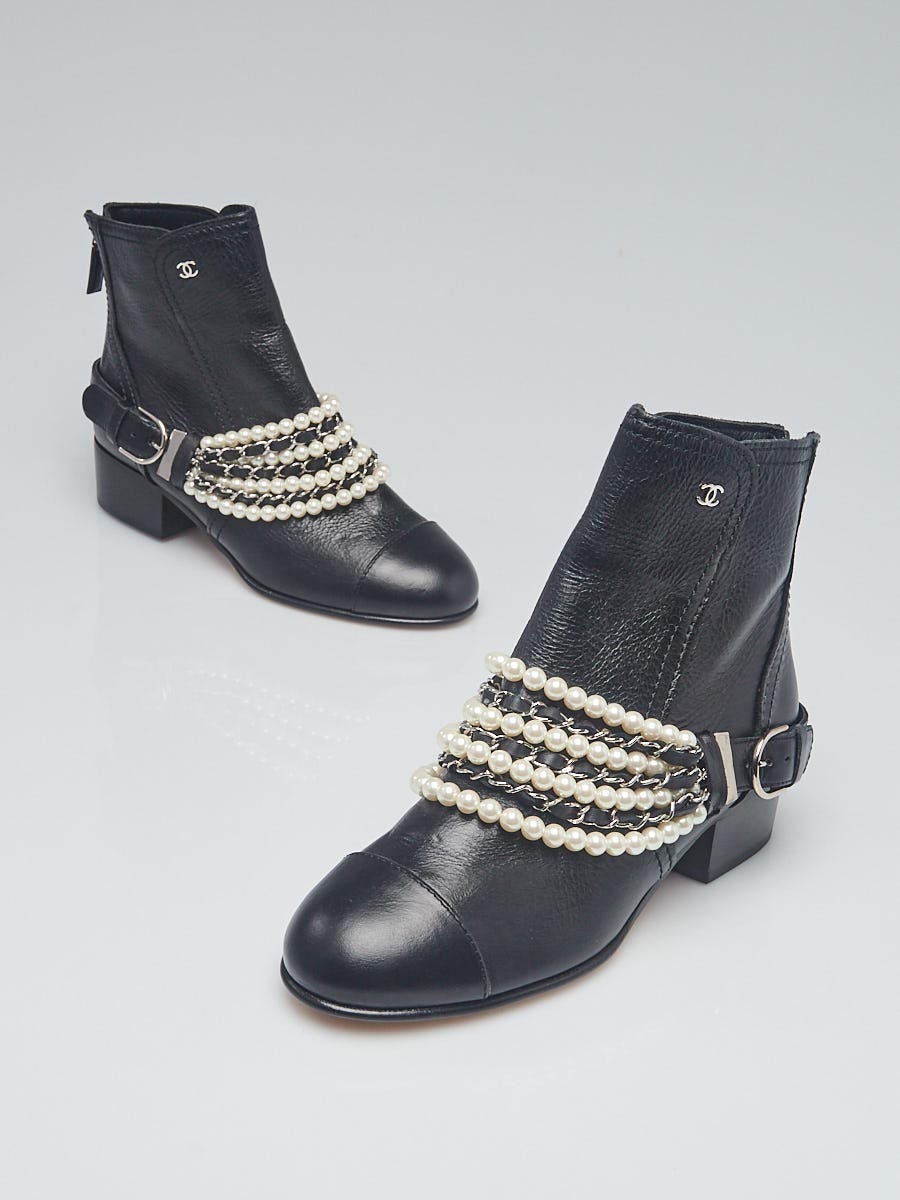 Chanel Black Leather Faux Pearl and Chain Trimmed Cap Toe Ankle Boots Size  /37 - Yoogi's Closet
