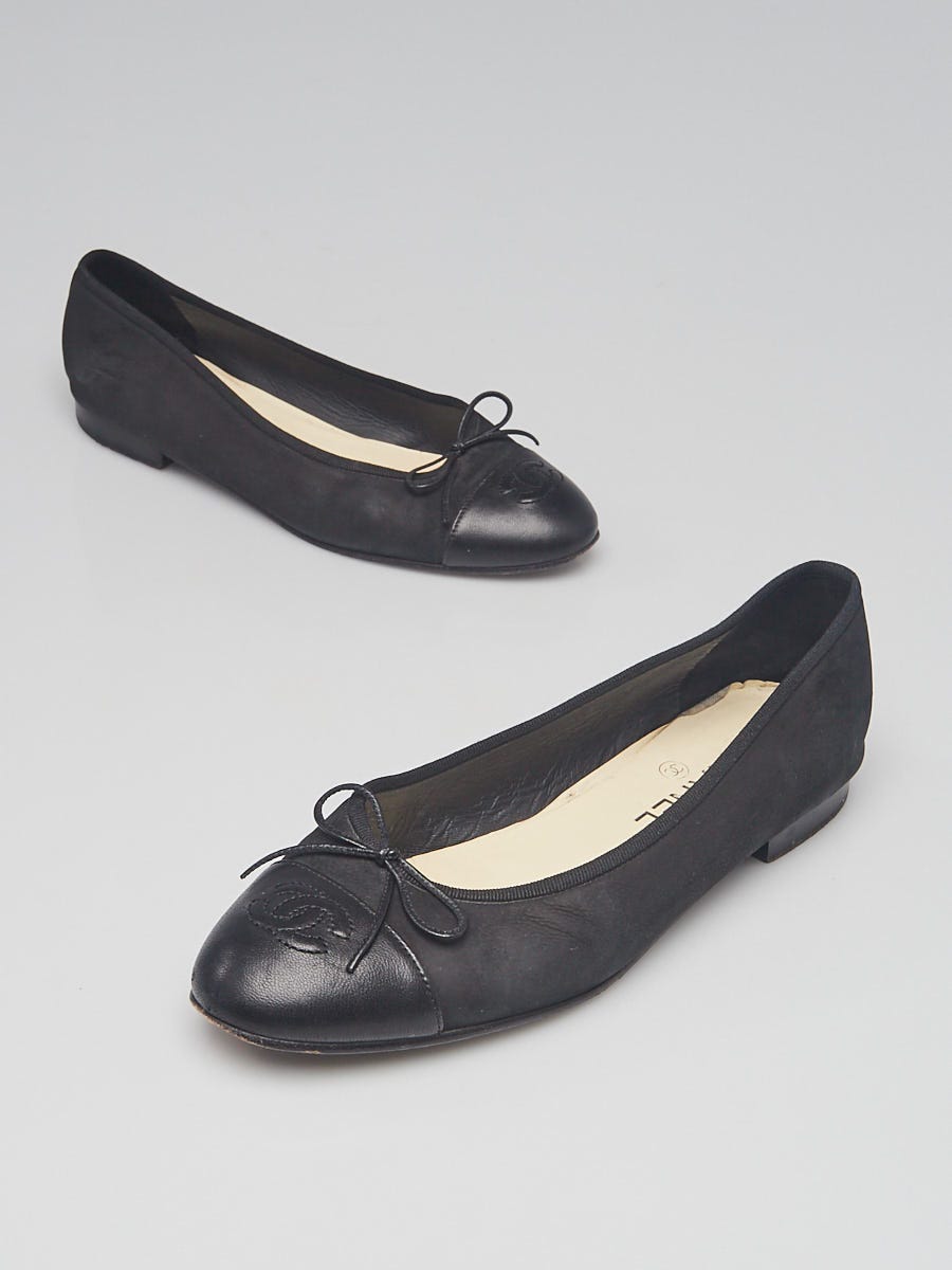 Chanel Black Nubuck Leather CC Cap Toe Ballet Flats Size 8/38.5 - Yoogi's  Closet
