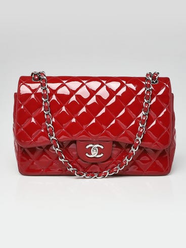Chanel Red Quilted Patent Leather Classic Jumbo Double Flap Bag