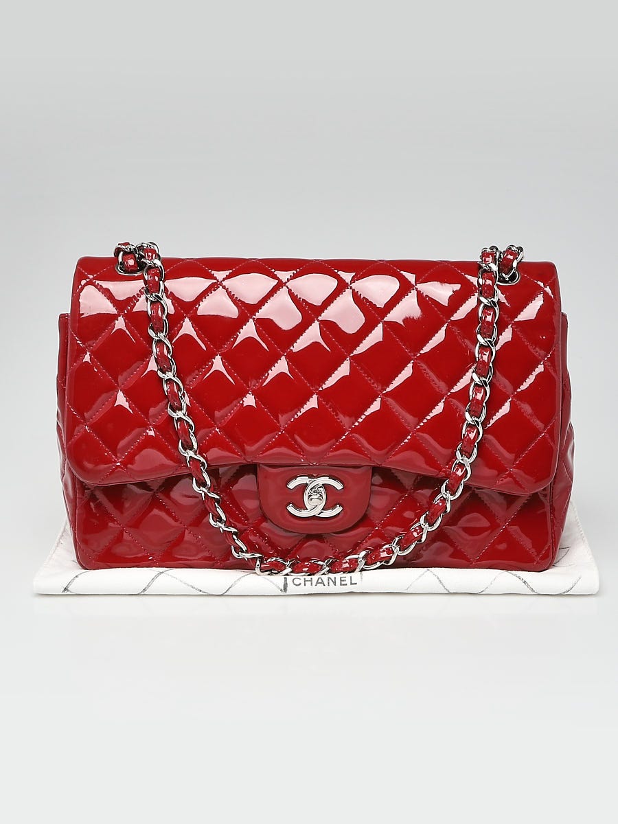 Chanel Red Quilted Patent Leather Classic Jumbo Double Flap Bag
