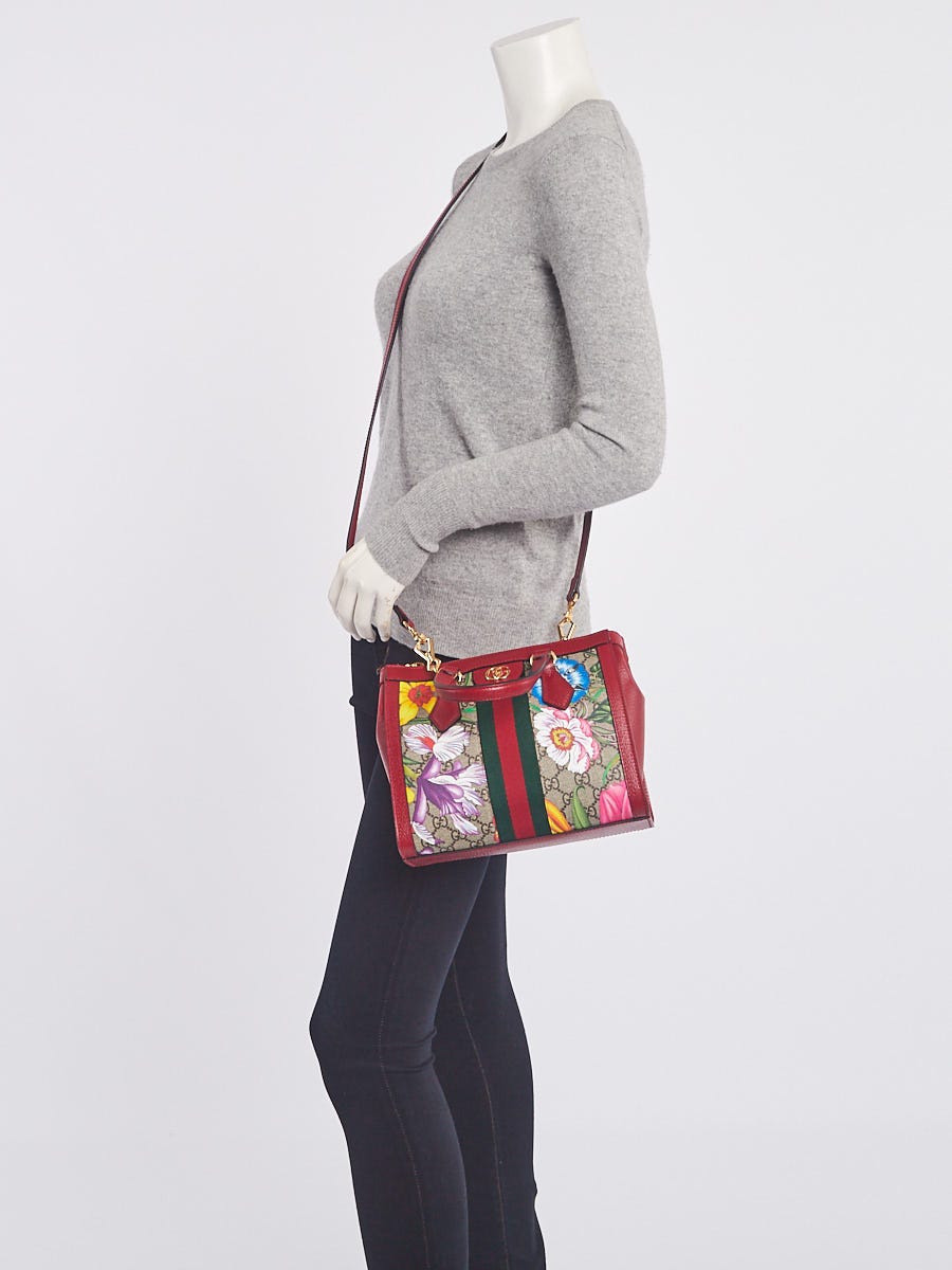 Gucci Red Leather GG Flora Coated Canvas Ophidia Small Tote Bag