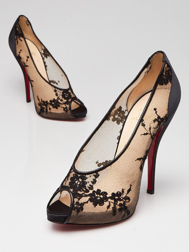 Christian Louboutin Black Floral Print Lace Pizzo 120 Peep Toe Pumps Size 9 39.5 Yoogi s Closet