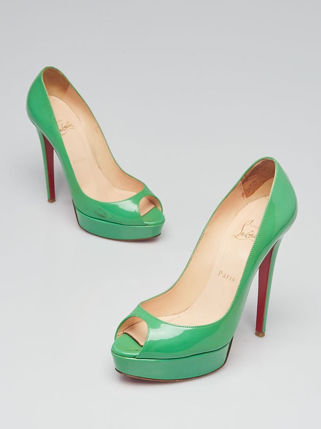 Christian Louboutin Green Patent Leather Lady Peep Platform Peep Toe Pumps Size 8/38.5
