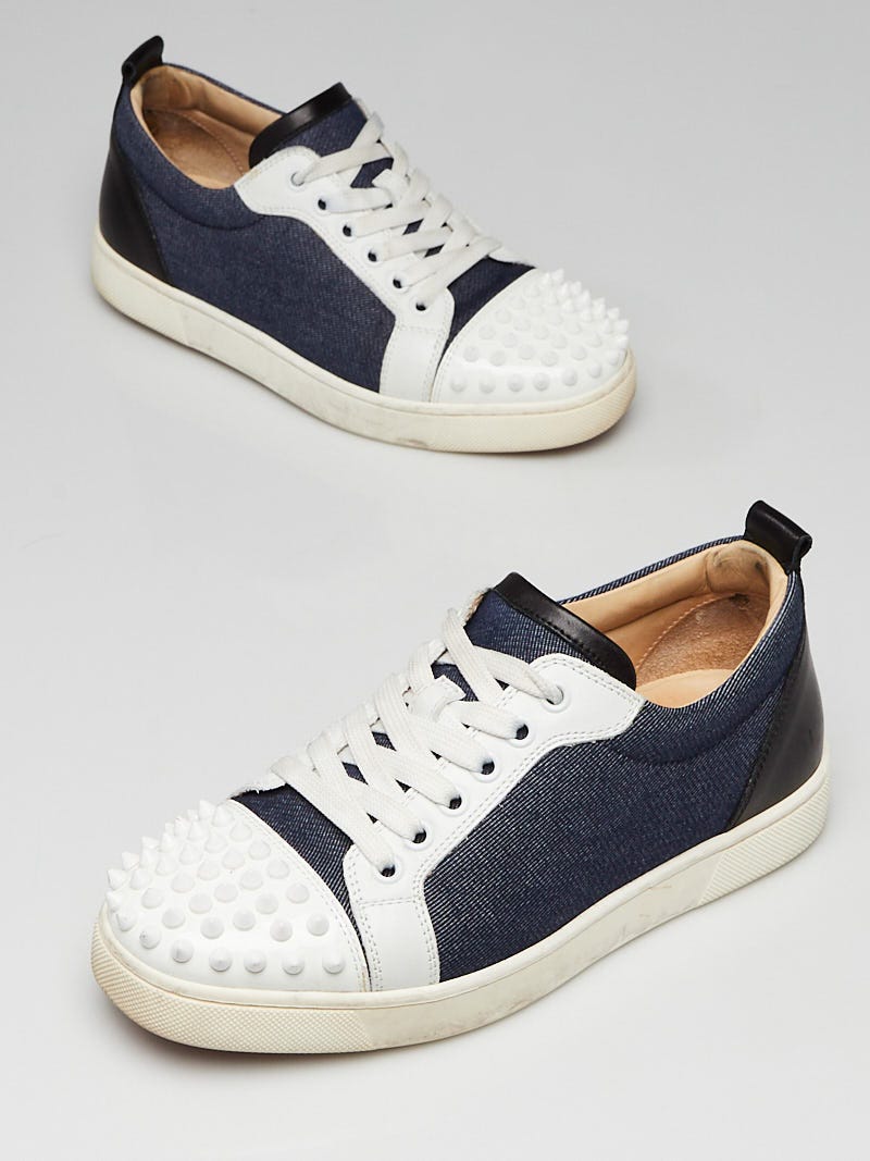 Christian Louboutin Blue Denim White Patent Leather Louis Junior Spikes Sneakers Size 6.5/37