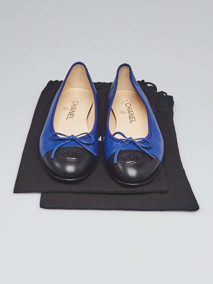 Chanel Blue/Black Lambskin Leather CC Cap Toe Ballet Flats Size 8
