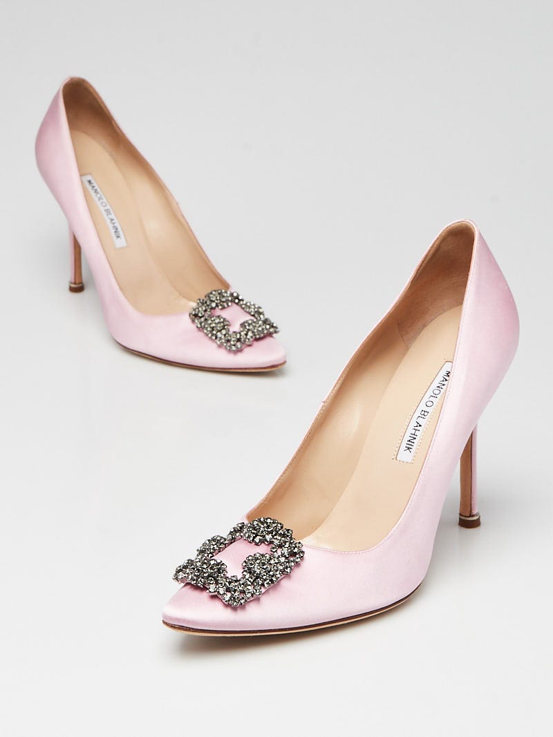 Manolo Blahnik Pink Satin and Crystal Buckle Hangisi 105 Pumps