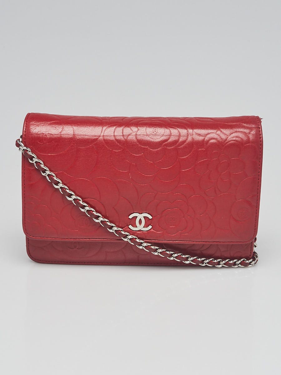 Chanel Red Lambskin Leather Camellia Embossed WOC Clutch Bag