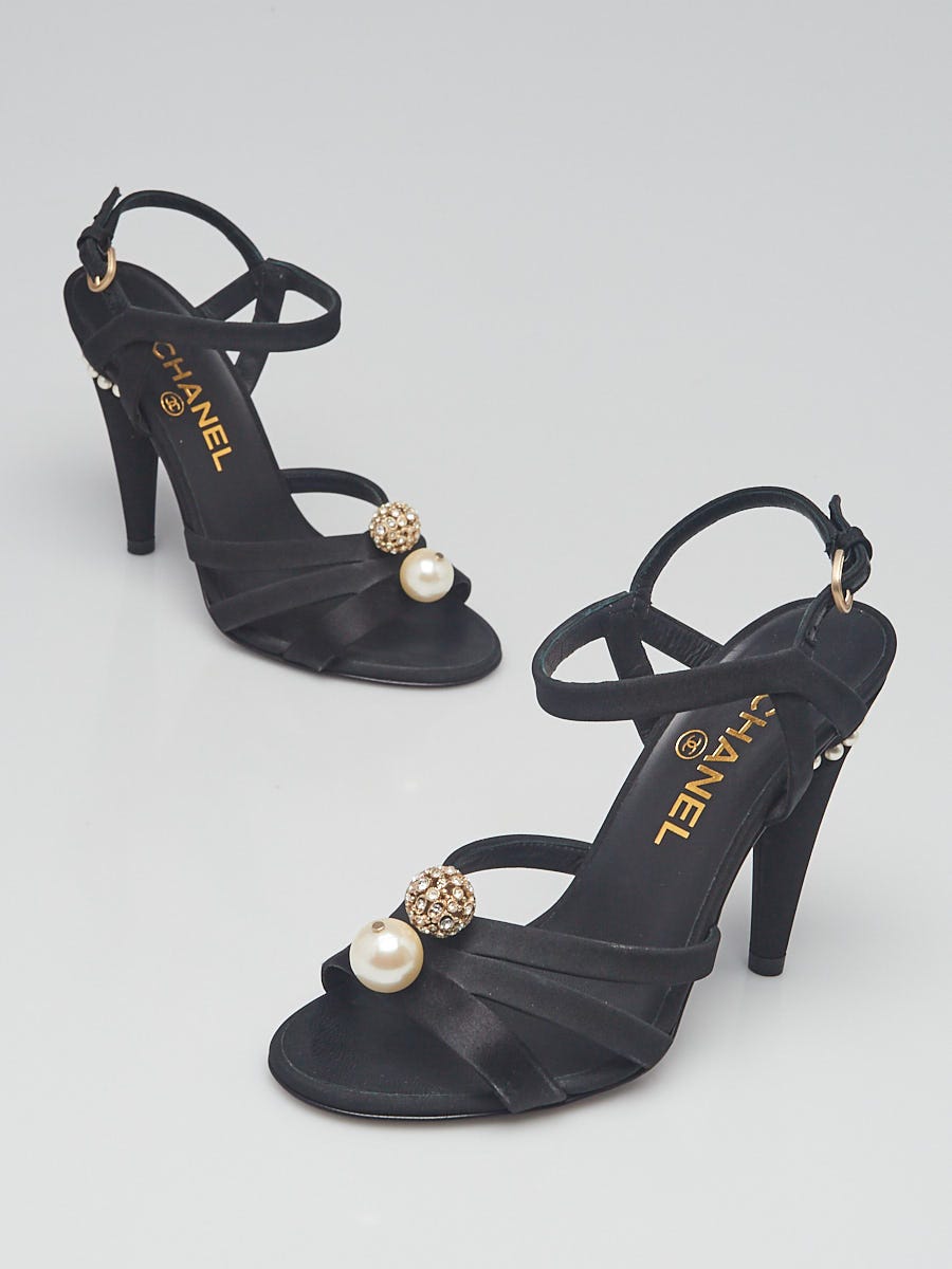 Chanel Black Fabric Pearl and Crystal Detail Open Toe Sandals Size 5.5/36 -  Yoogi's Closet