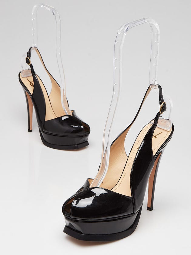 Yves Saint Laurent Black Patent Leather Tribtoo Platform Slingback 105 Pumps Size 7/37.5