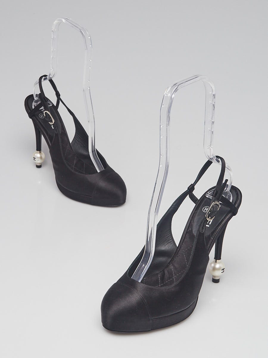 Chanel Black Satin Cap Toe Slingback Pearl Heel Pumps Size 9.5/40