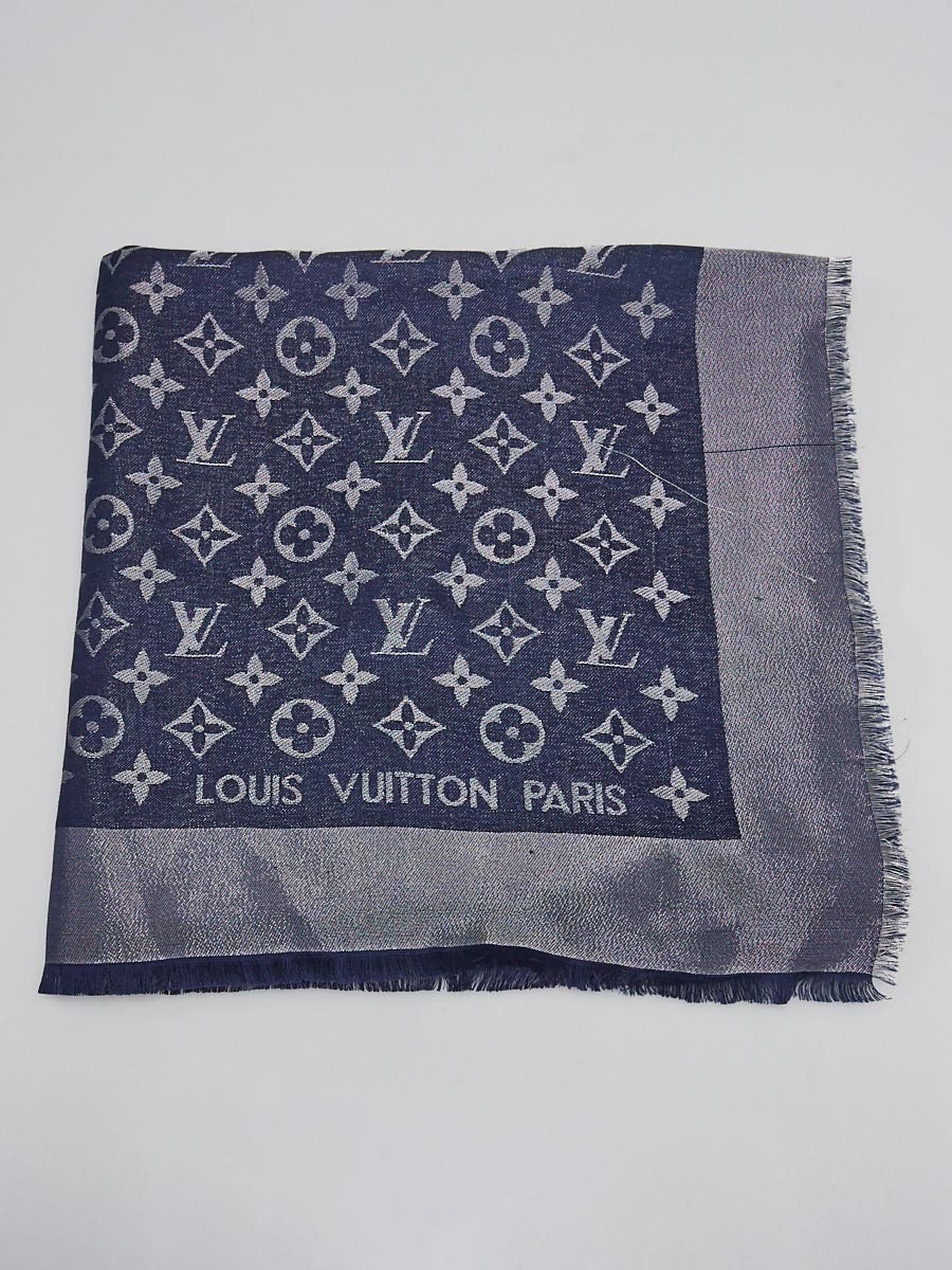 LV Designer Silk Scarf IN Denim Blue LV Monogram Logo Silk Wrap
