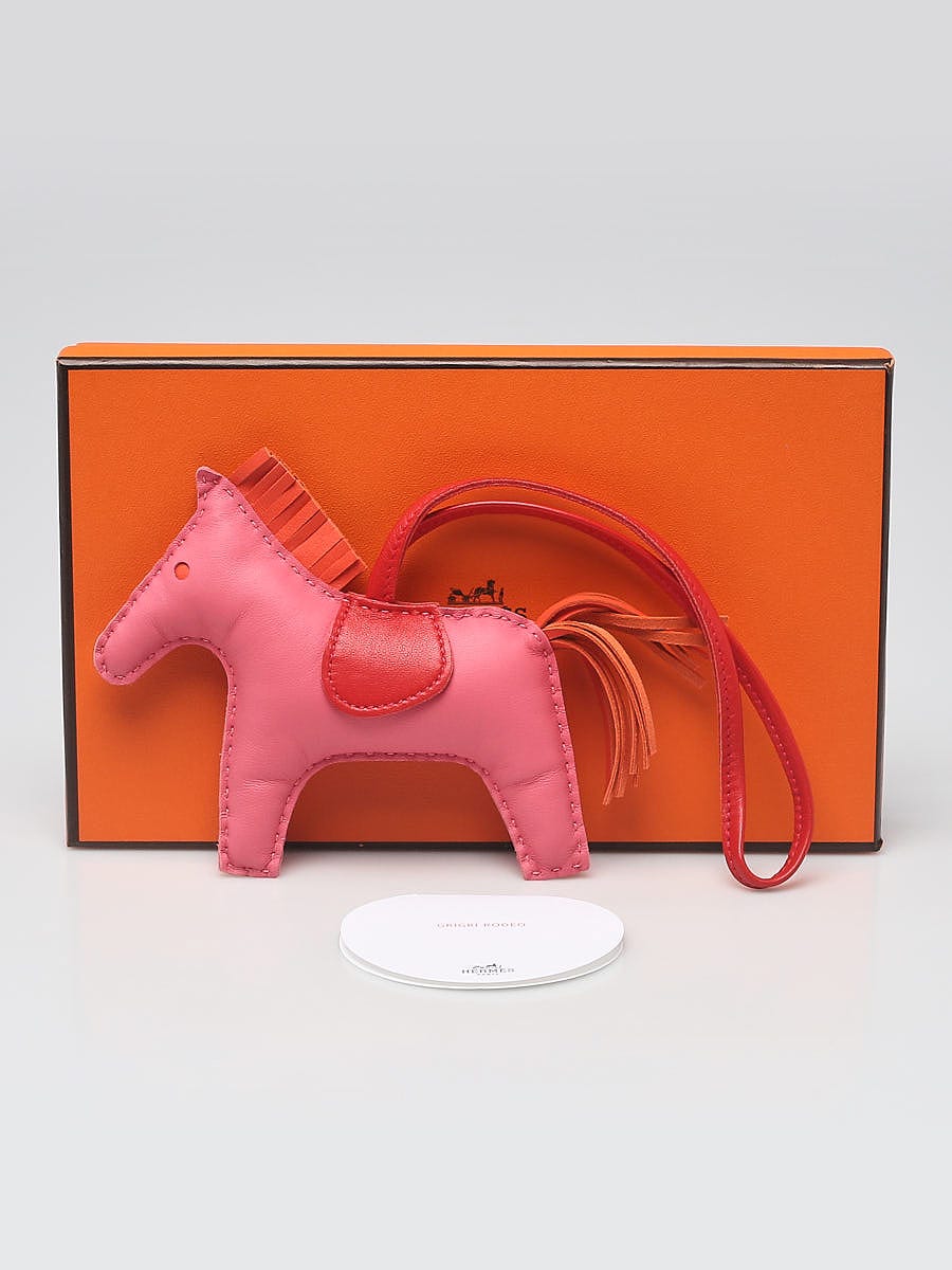 New Hermes Rodeo GM Horse Charm Milo Lambskin Rose Azalee Orange Poppy Pink