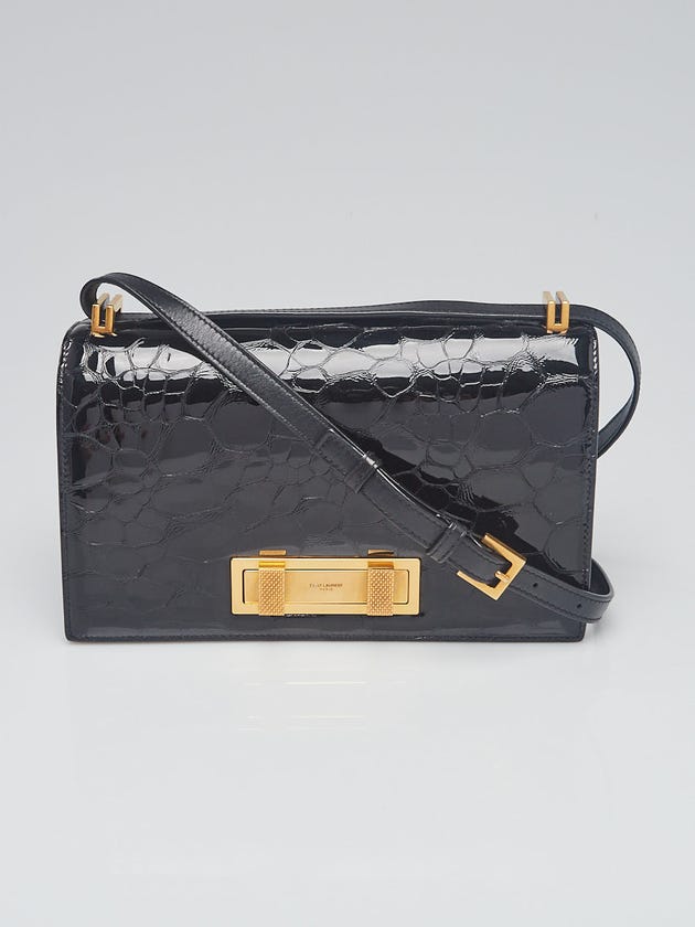Yves Saint Laurent Black Croc Embossed Patent Leather Accordion Domino Crossbody Bag