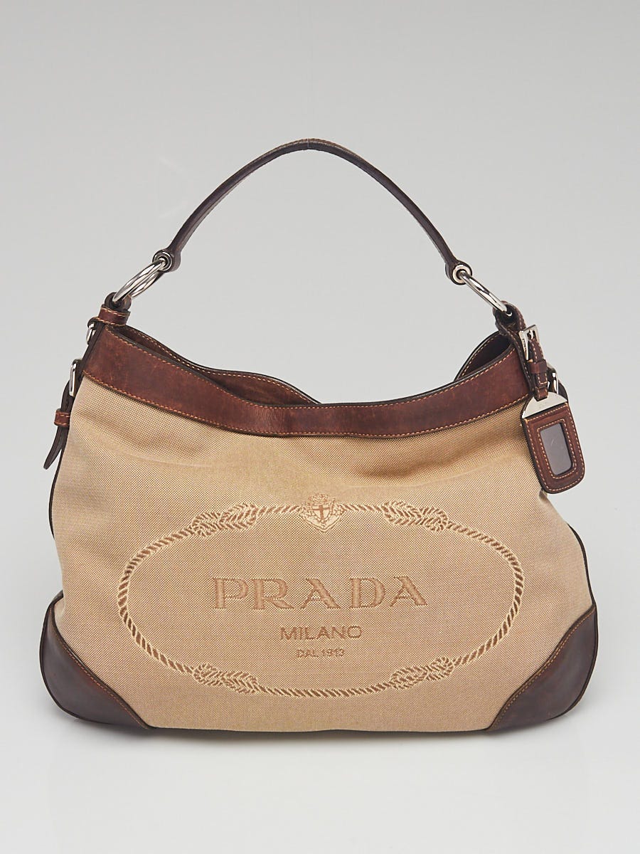 Prada Corda/Brown Logo Jacquard Canvas and Leather Hobo Bag - Yoogi's Closet