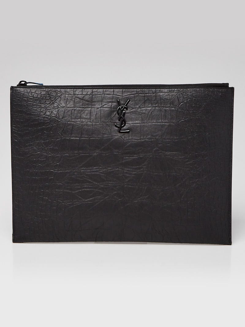 Yves Saint Laurent Black Crocodile Embossed Large Flat Clutch Bag