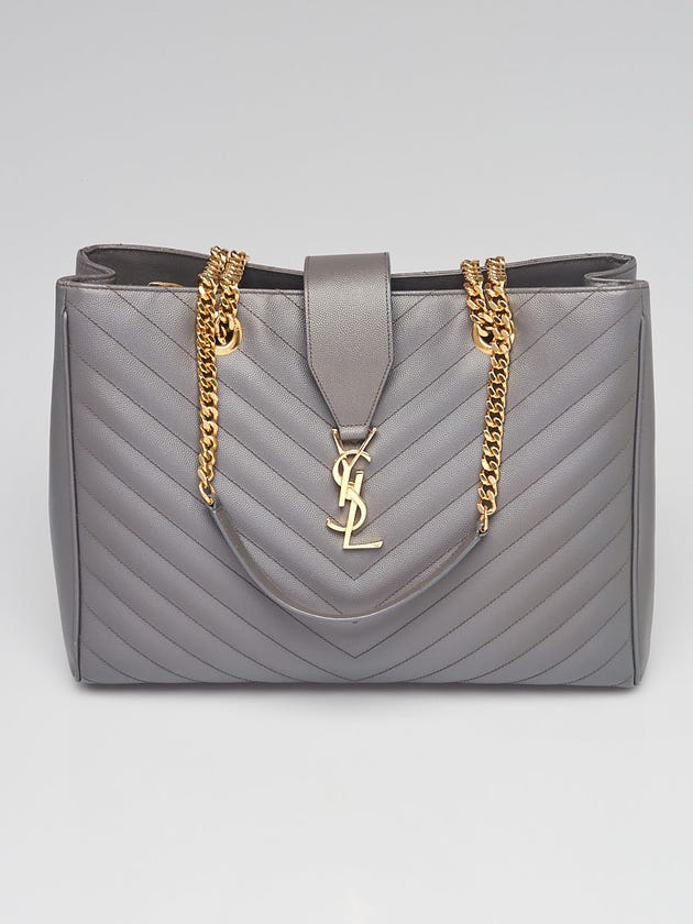Yves Saint Laurent Grey Quilted Grained Leather Monogram Chain Bo Cassandre Tote Bag