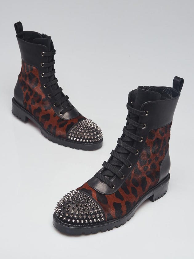 Christian Louboutin Brown/Black Leopard Print Pony Hair Spike Combat Boots Size 11/41.5