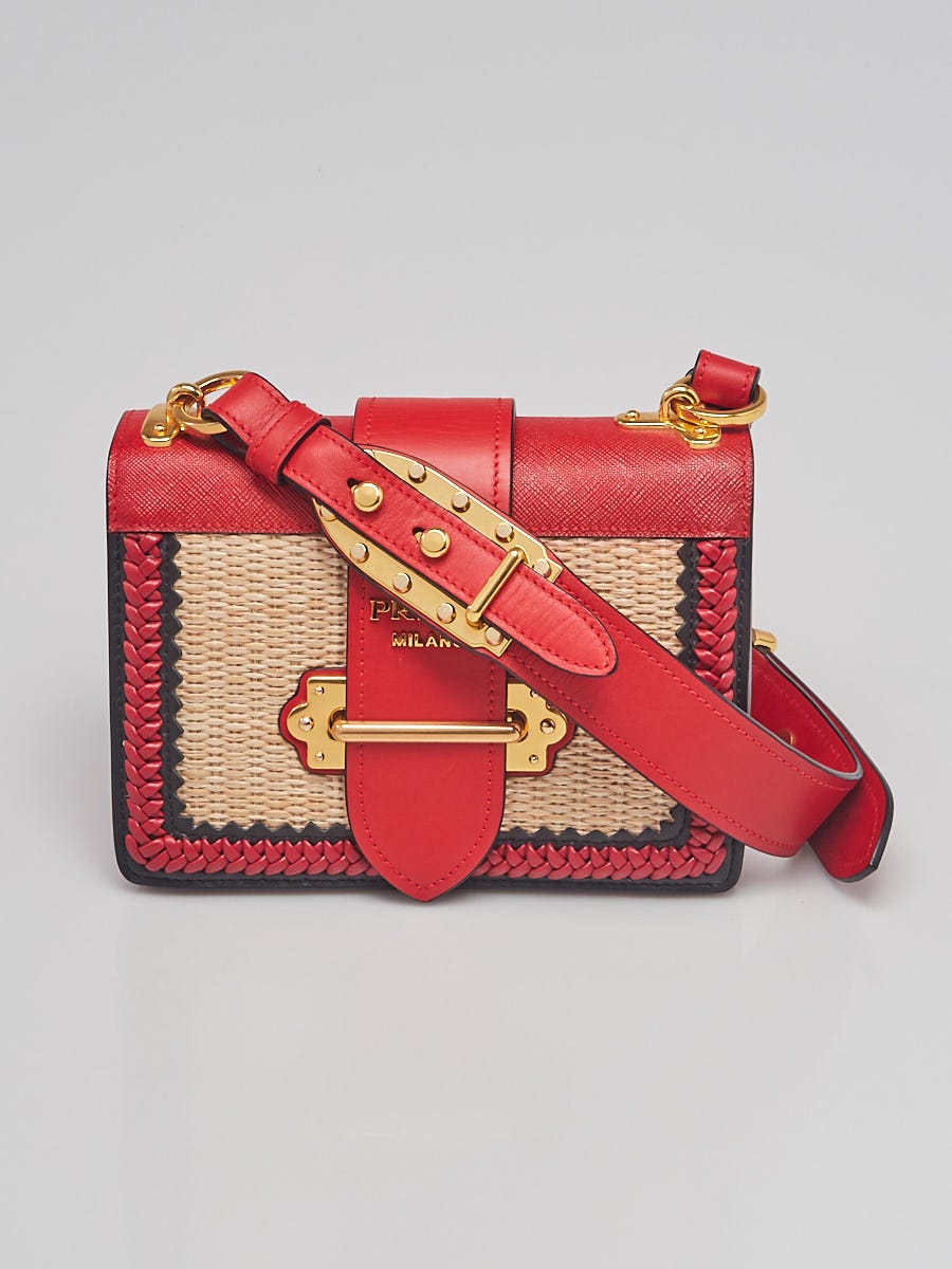 Prada Natural Straw and Red Saffiano Leather Cahier Bag 1BD045 - Yoogi's  Closet