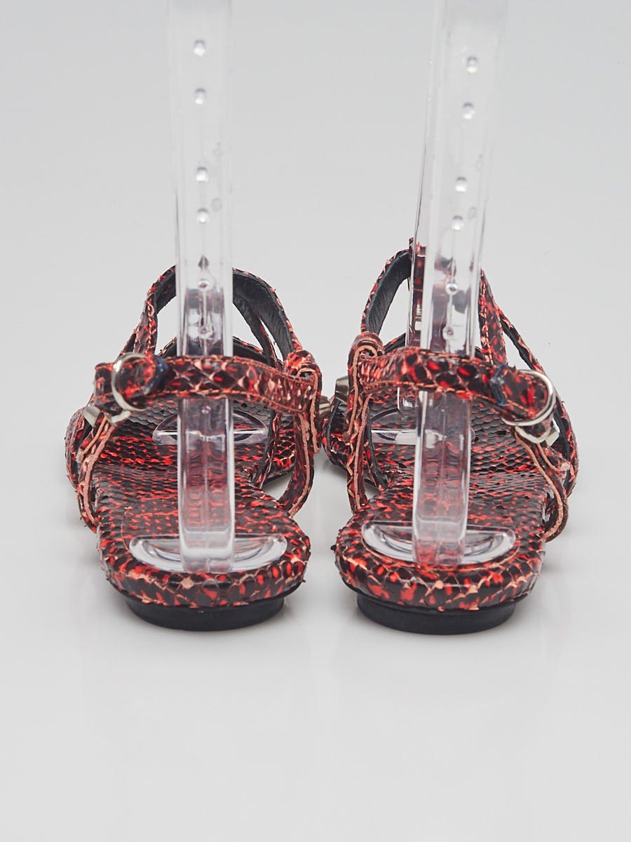 Balenciaga Red/Black Snakeskin Strappy Flat Sandals Size 6.5