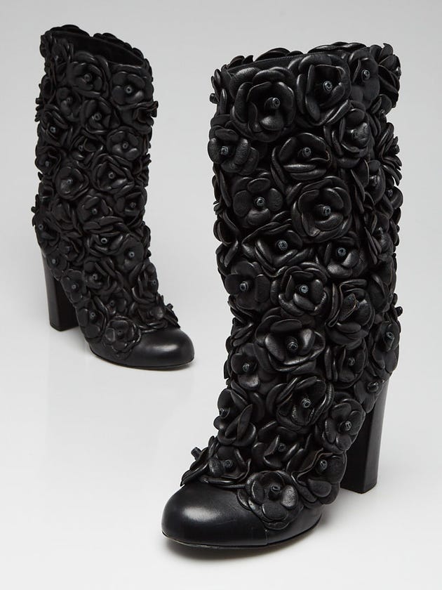 Chanel Black Leather Camellia Covered Mid-Calf Boots Size 7.5/38