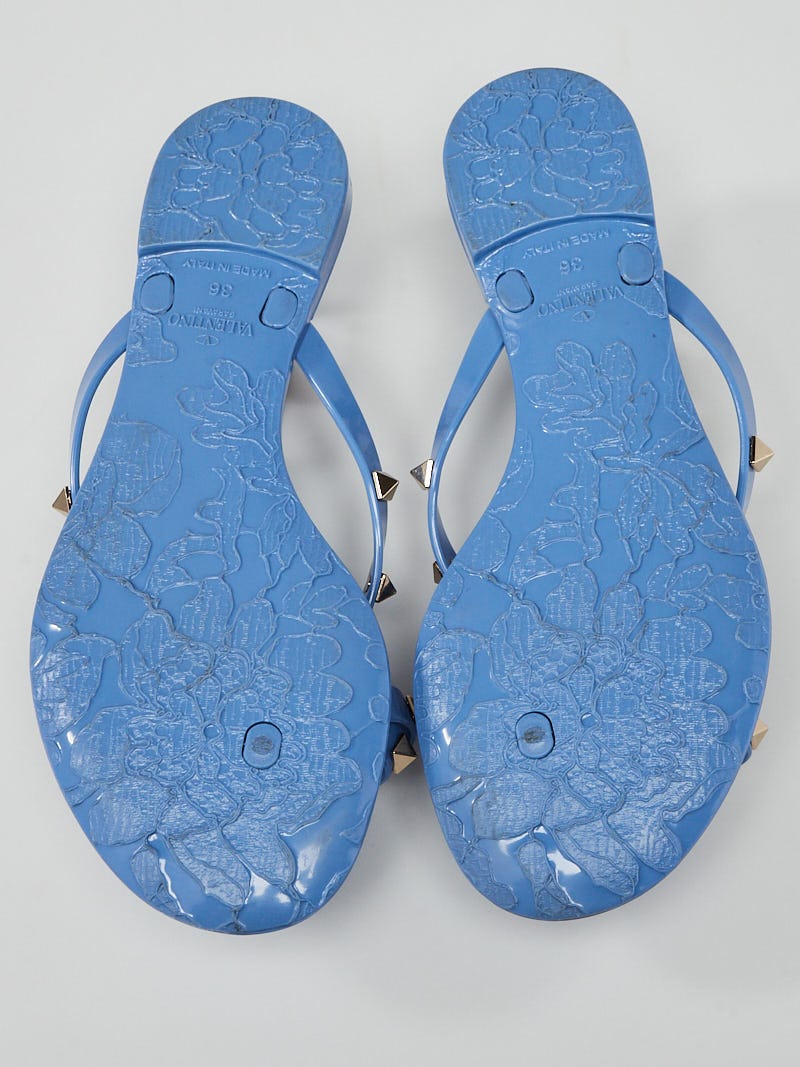 Valentino Light Blue Rubber Rockstud Bow Thong Sandals Size 5.5/36