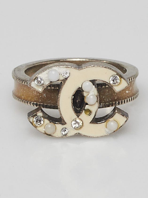 Chanel Goldtone Metal/Beige Resin/Crystal CC Cocktail Ring Size 6 ...