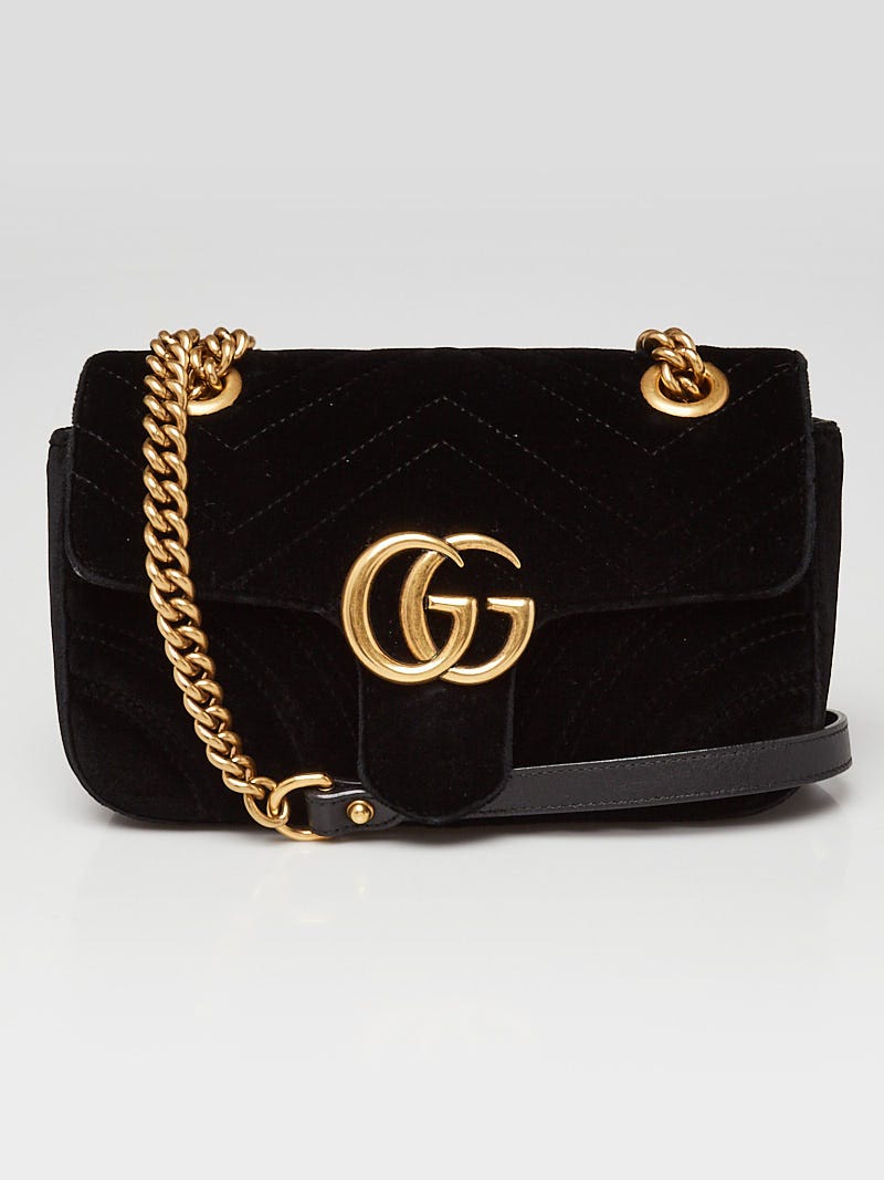 Gucci Black Quilted Velvet GG Marmont Mini Crossbody Bag - Yoogi's Closet