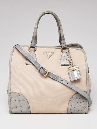 Prada Natural Canvas and Blue Ostrich Tote Bag BN2254