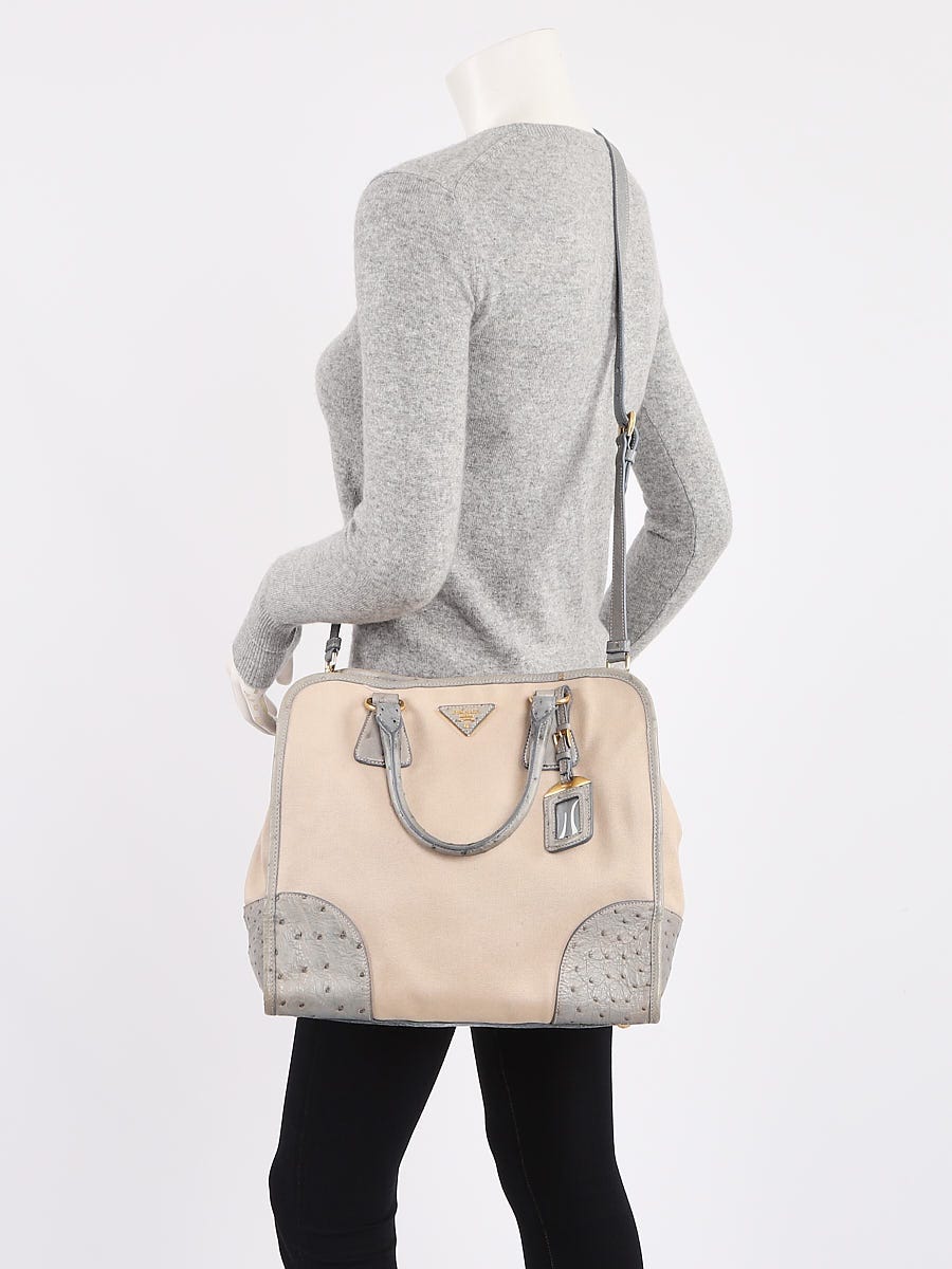 Prada Natural Canvas and Blue Ostrich Tote Bag BN2254