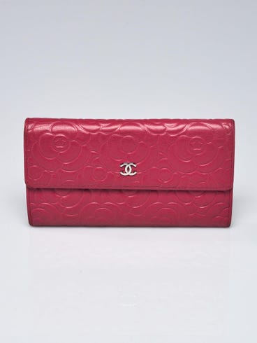 Chanel Dark Pink Black Camellia Embossed Lambskin Leather L Flap Wallet