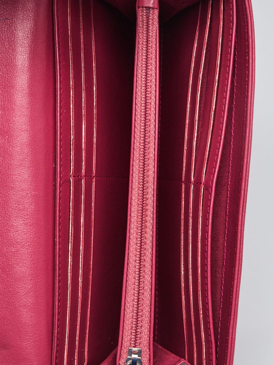 Chanel Dark Pink Black Camellia Embossed Lambskin Leather L Flap Wallet