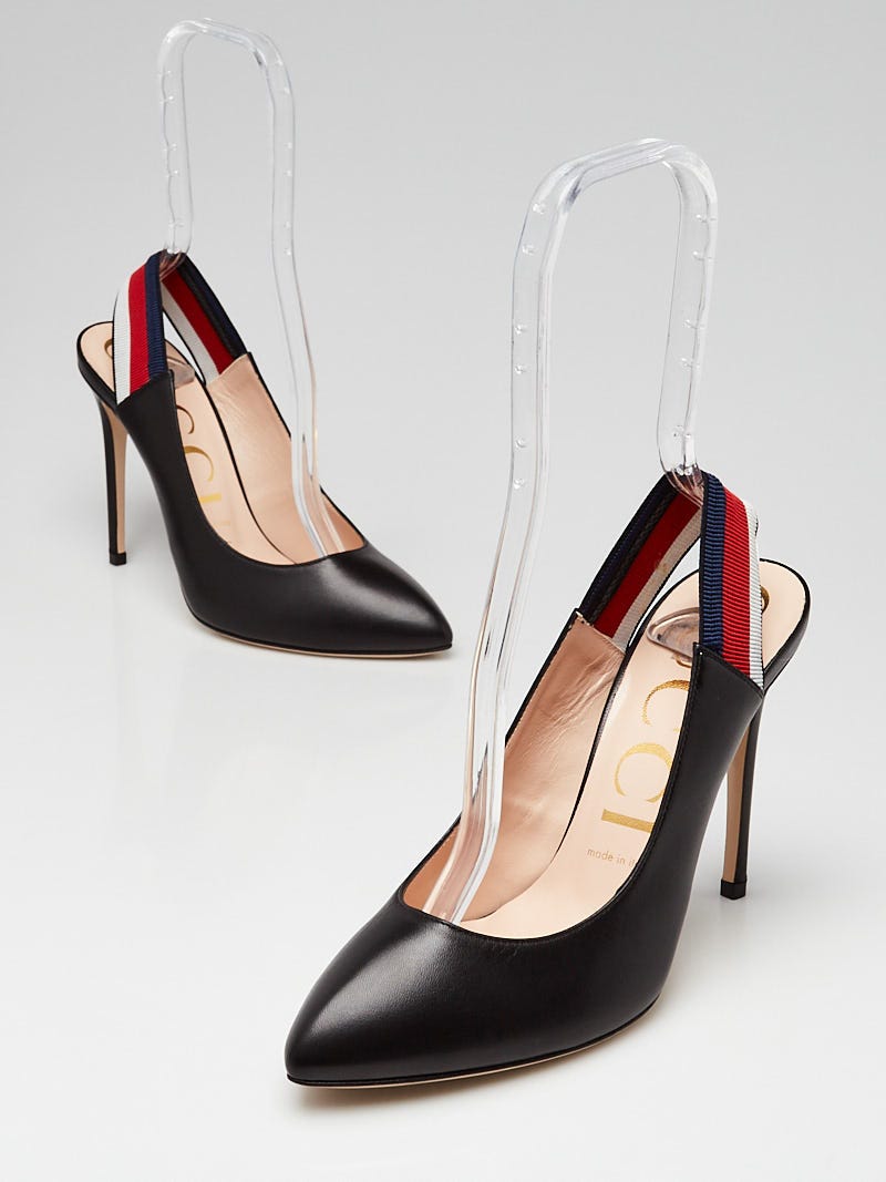 Gucci Black Leather Vintage Web Sylvie Slingback Pumps Size