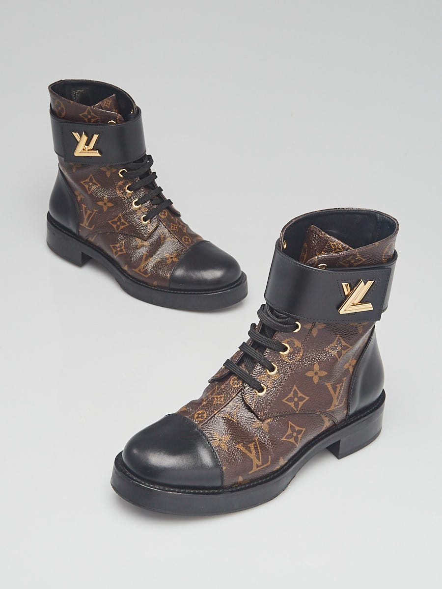 LOUIS VUITTON Black Leather Combat Boots Monogram LV Logo