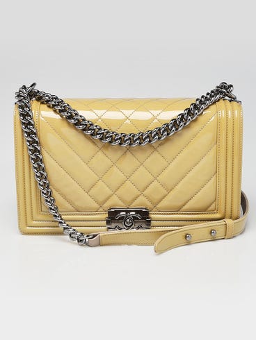 Chanel Beige Quilted Patent Leather Medium Boy Bag