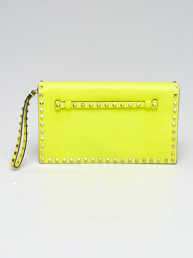 Valentino Neon Yellow Lambskin Leather Rockstud Clutch Bag