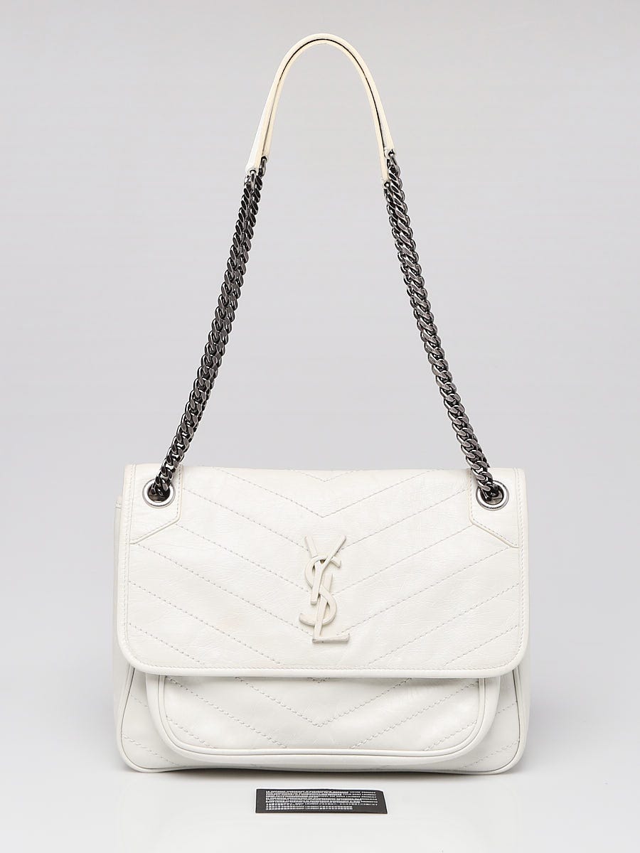 Yves Saint Laurent White Crinkled Calfskin Leather Medium Niki Bag