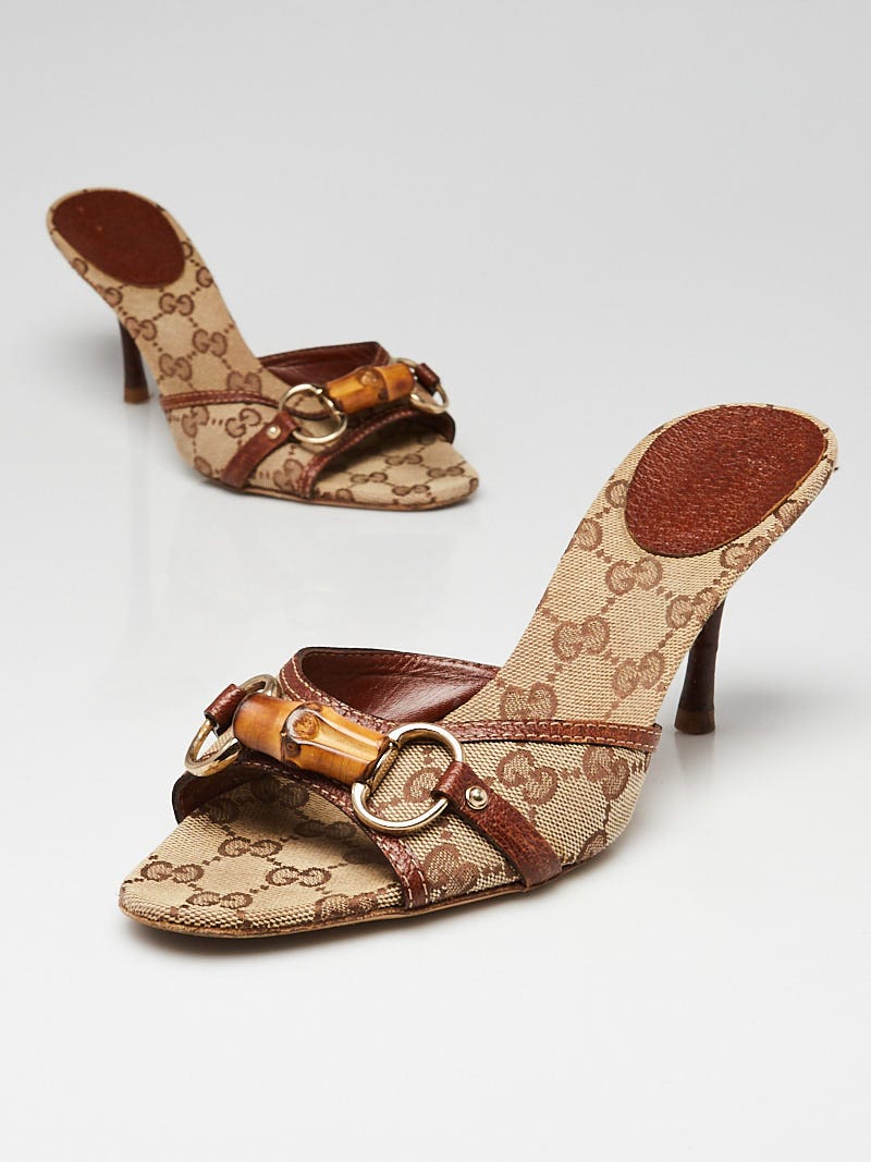 靴 Vintage Gucci Bamboo Horsebit Sandals 38 Gucci Beige/Brown GG Canvas Bamboo Horsebit Open-Toe Sandals Size