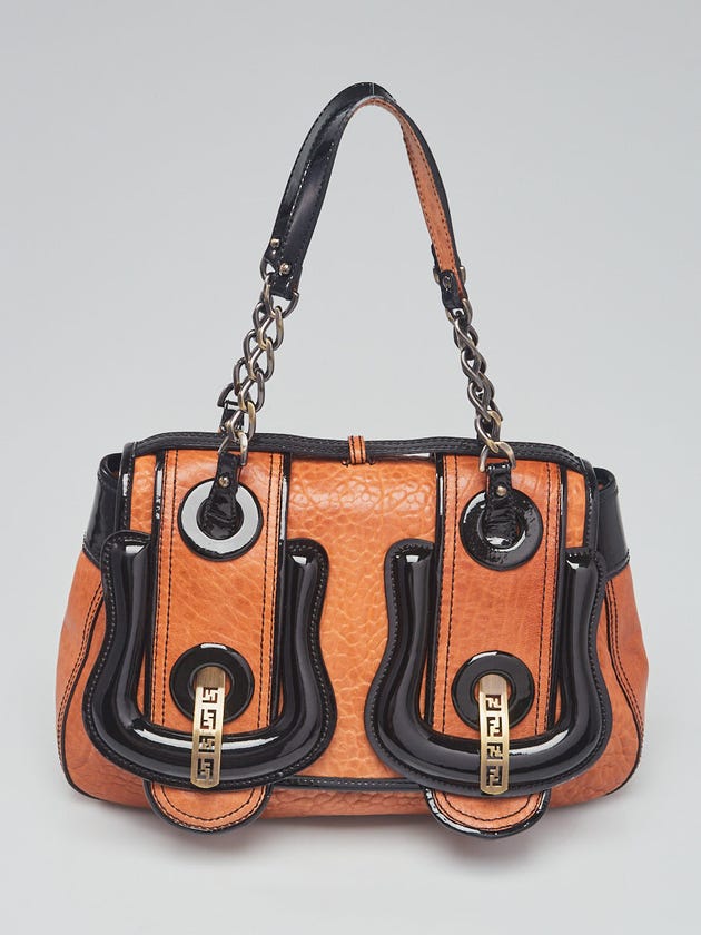 Fendi Brown Leather and Black Patent Leather B Bag - 8BN165