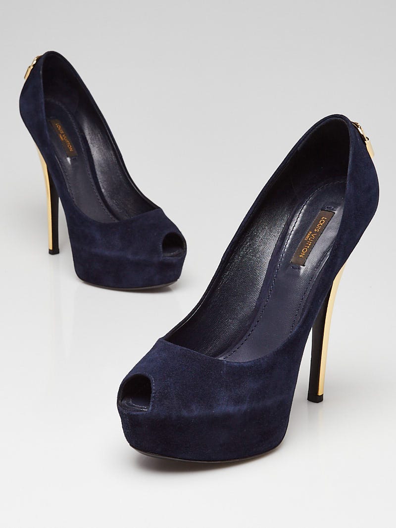 Authentic LOUIS VUITTON Blue Suede Oh Really Peep Toe Pump/Size 37.5