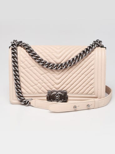 Chanel Beige Chevron Quilted Lambskin Leather Medium Boy Bag
