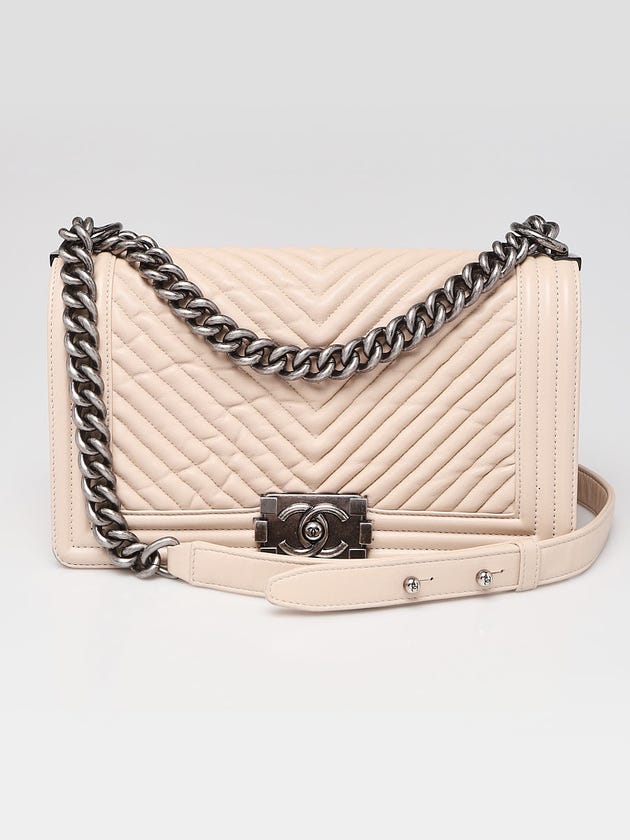 Chanel Beige Chevron Quilted Lambskin Leather Medium Boy Bag