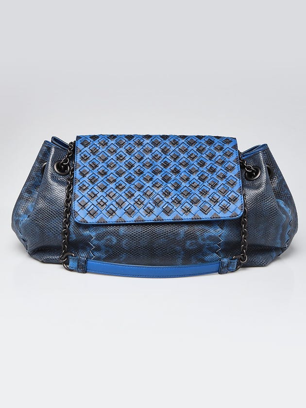 Bottega Veneta Blue/Black Lizard and Leather Woven Flap Shoulder Bag