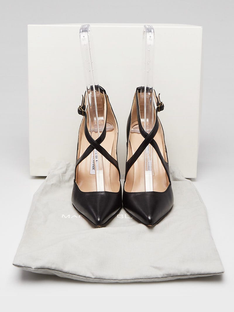 Manolo Blahnik Black Leather Tugia 105 Criss-Cross Pumps