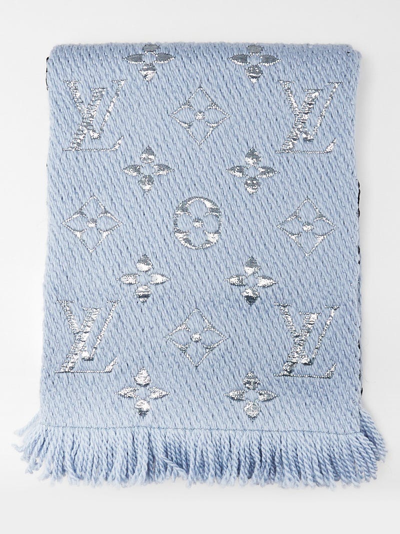 Louis Vuitton Light Blue Wool/Silk Logomania Shine Scarf - Yoogi's Closet