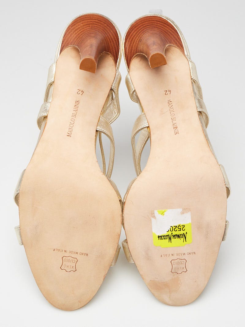 Manolo Blahnik Gold Leather Strappy Silk Sahara 105 Sandals Size 11.5/42