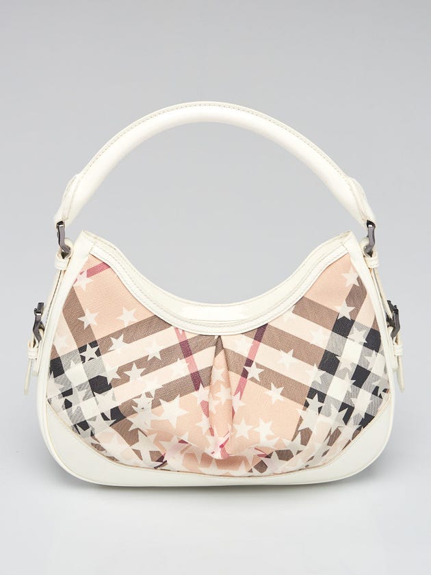 Burberry White Patent Leather Nova Stars Printed Coated Canvas Hernville Small Hobo Bag