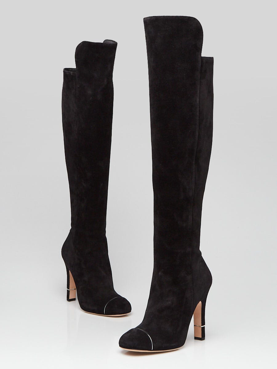 Chanel Black Suede Over the Knee Cap Toe CC Boots Size 7.5 Chanel Black Suede Over the Knee Cap Toe CC Boots Size 7.5